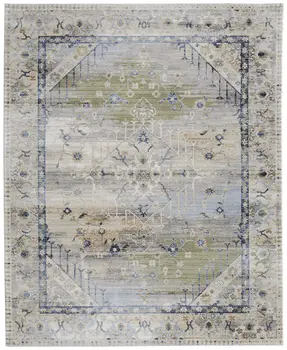 7' X 10' Ivory Green and Blue Abstract Power Loom Worn Faded Area Rug
