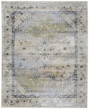 8' X 10' Ivory Green and Blue Abstract Power Loom Worn Faded Area Rug
