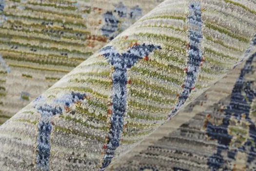 2' X 3' Ivory Green and Blue Abstract Power Loom Worn Faded Area Rug