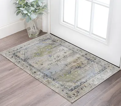2' X 3' Ivory Green and Blue Abstract Power Loom Worn Faded Area Rug