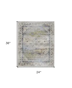 2' X 3' Ivory Green and Blue Abstract Power Loom Worn Faded Area Rug