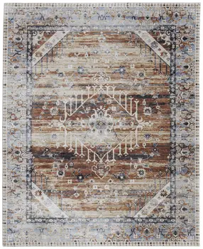 5' X 8' Ivory Red and Blue Abstract Power Loom Worn Faded Area Rug