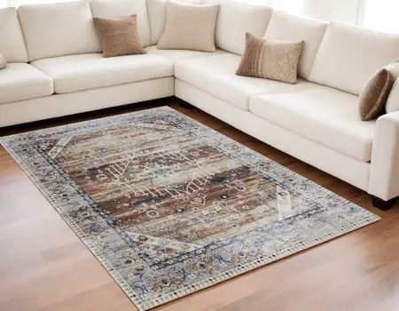 5' X 8' Ivory Red and Blue Abstract Power Loom Worn Faded Area Rug