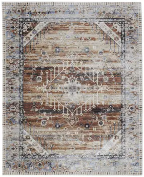 5' X 8' Ivory Red and Blue Abstract Power Loom Worn Faded Area Rug