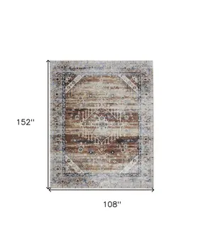 9' X 13' Ivory Red and Blue Abstract Power Loom Worn Faded Area Rug
