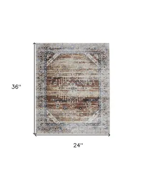 2' X 3' Ivory Red and Blue Abstract Power Loom Worn Faded Area Rug
