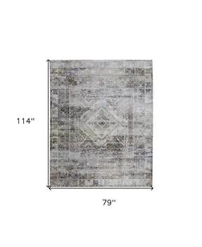 7' X 10' Gray Blue and Red Abstract Power Loom Worn Faded Area Rug