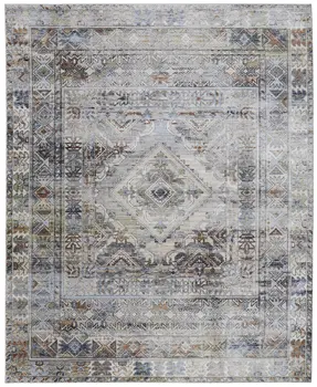 8' X 10' Gray Blue and Red Abstract Power Loom Worn Faded Area Rug