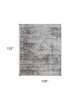 9' X 13' Gray Blue and Red Abstract Power Loom Worn Faded Area Rug