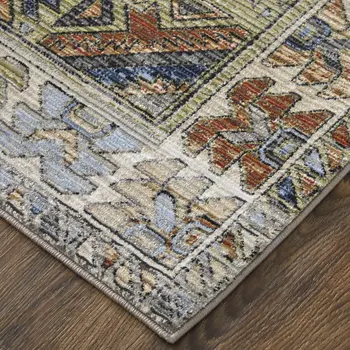 2' X 3' Gray Blue and Red Abstract Power Loom Worn Faded Area Rug