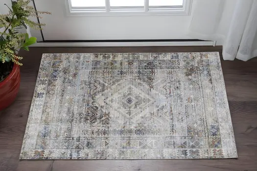 2' X 3' Gray Blue and Red Abstract Power Loom Worn Faded Area Rug