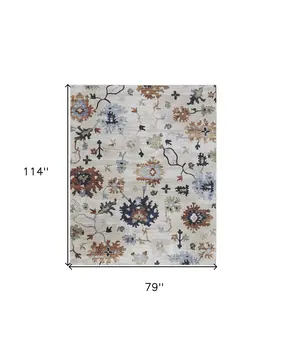 7' X 10' Ivory Red and Blue Floral Power Loom Area Rug