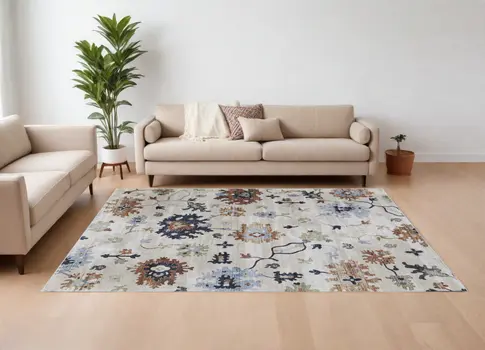 8' X 10' Ivory Red and Blue Floral Power Loom Area Rug
