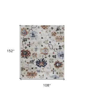 9' X 13' Ivory Red and Blue Floral Power Loom Area Rug