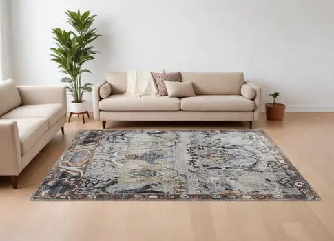 8' X 10' Gray Black and Red Ikat Power Loom Area Rug