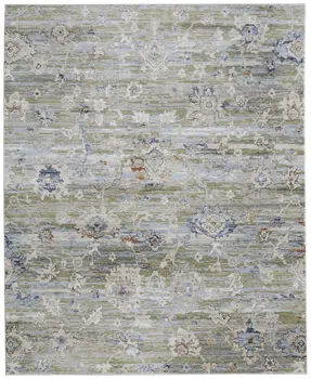 8' X 10' Ivory Green and Blue Floral Power Loom Worn Faded Area Rug