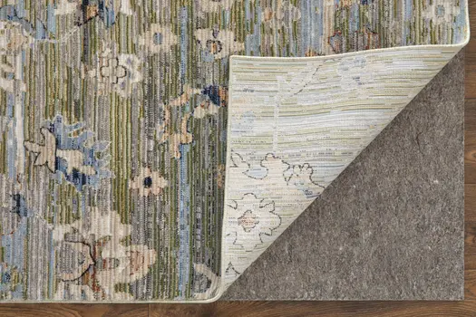 8' X 10' Ivory Green and Blue Floral Power Loom Worn Faded Area Rug