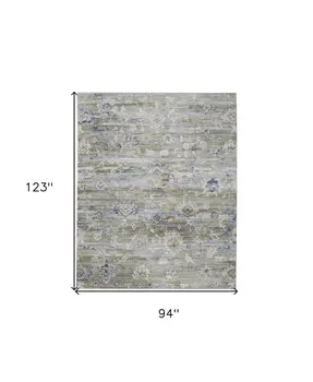 8' X 10' Ivory Green and Blue Floral Power Loom Worn Faded Area Rug
