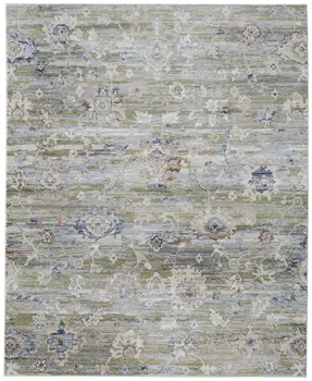 8' X 10' Ivory Green and Blue Floral Power Loom Worn Faded Area Rug