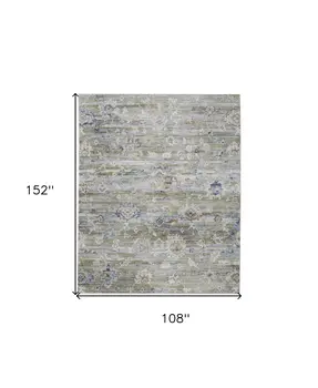 9' X 13' Ivory Green and Blue Floral Power Loom Worn Faded Area Rug
