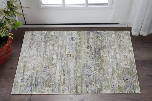 2' X 3' Ivory Green and Blue Floral Power Loom Worn Faded Area Rug