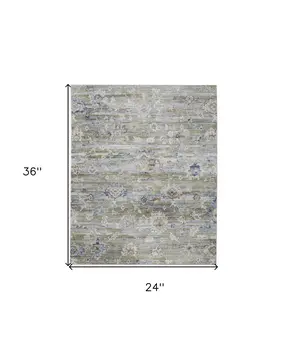 2' X 3' Ivory Green and Blue Floral Power Loom Worn Faded Area Rug