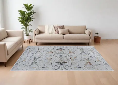 7' X 10' Gray Blue and Green Floral Power Loom Area Rug