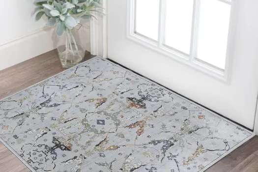 2' X 3' Gray Blue and Green Floral Power Loom Area Rug