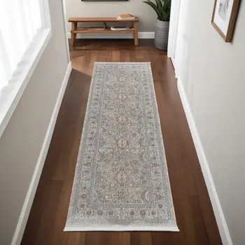 8' Silver Taupe and Blue Oriental Power Loom Worn Faded Runner Rug With Fringe