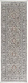 8' Silver Taupe and Blue Oriental Power Loom Worn Faded Runner Rug With Fringe