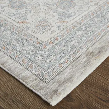10' Silver Taupe and Blue Oriental Power Loom Runner Rug With Fringe