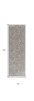 10' Silver Taupe and Blue Oriental Power Loom Runner Rug With Fringe