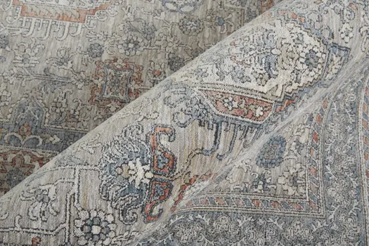 12' X 15' Silver Taupe and Blue Oriental Power Loom Worn Faded Area Rug With Fringe