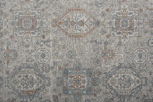 12' X 15' Silver Taupe and Blue Oriental Power Loom Worn Faded Area Rug With Fringe