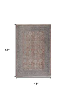 4' X 5' Blue and Red Oriental Power Loom Worn Faded Area Rug With Fringe