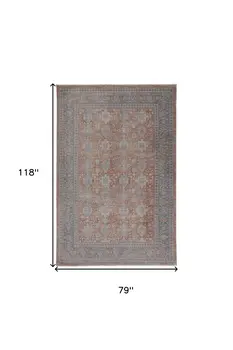 7' X 10' Blue and Red Oriental Power Loom Worn Faded Area Rug With Fringe