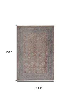 9' X 13' Blue and Red Oriental Power Loom Worn Faded Area Rug With Fringe
