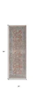 8' Blue and Red Oriental Power Loom Worn Faded Runner Rug With Fringe