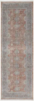 8' Blue and Red Oriental Power Loom Worn Faded Runner Rug With Fringe