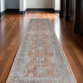 10' Blue and Red Oriental Power Loom Runner Rug With Fringe