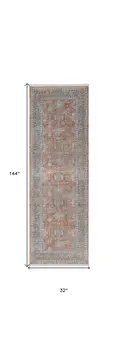 12' Blue and Red Oriental Power Loom Worn Faded Runner Rug With Fringe