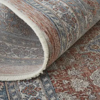 12' X 15' Blue and Red Oriental Power Loom Worn Faded Area Rug With Fringe