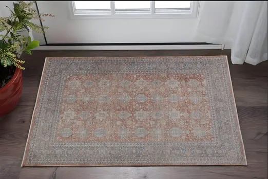 2' X 3' Blue and Red Oriental Power Loom Worn Faded Area Rug With Fringe