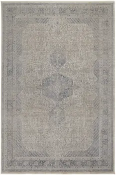 5' X 7' Gray Blue and Taupe Oriental Power Loom Worn Faded Area Rug With Fringe