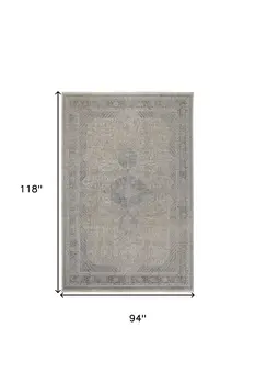 8' X 10' Gray Blue and Taupe Oriental Power Loom Worn Faded Area Rug With Fringe
