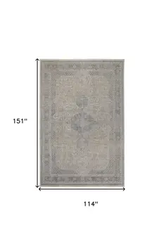 9' X 13' Gray Blue and Taupe Oriental Power Loom Worn Faded Area Rug With Fringe