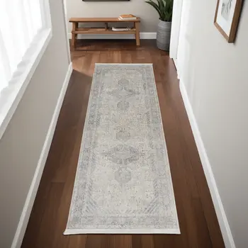 8' Gray Blue and Taupe Oriental Power Loom Worn Faded Runner Rug With Fringe