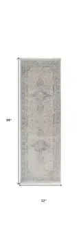 8' Gray Blue and Taupe Oriental Power Loom Worn Faded Runner Rug With Fringe