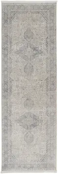 8' Gray Blue and Taupe Oriental Power Loom Worn Faded Runner Rug With Fringe