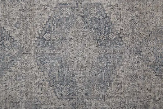 12' Gray Blue and Taupe Oriental Power Loom Worn Faded Runner Rug With Fringe